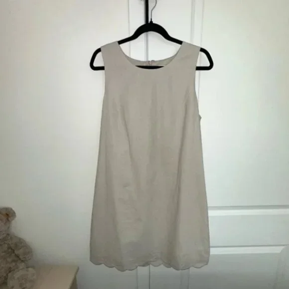 J.Crew Linen Scalloped Mini Dress Size 14 Beige Sleeveless Summer Shift Dress - Picture 2 of 9